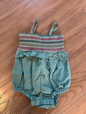 GAP Green Smocked Baby One-Piece Romper with Pink & Yellow Detail